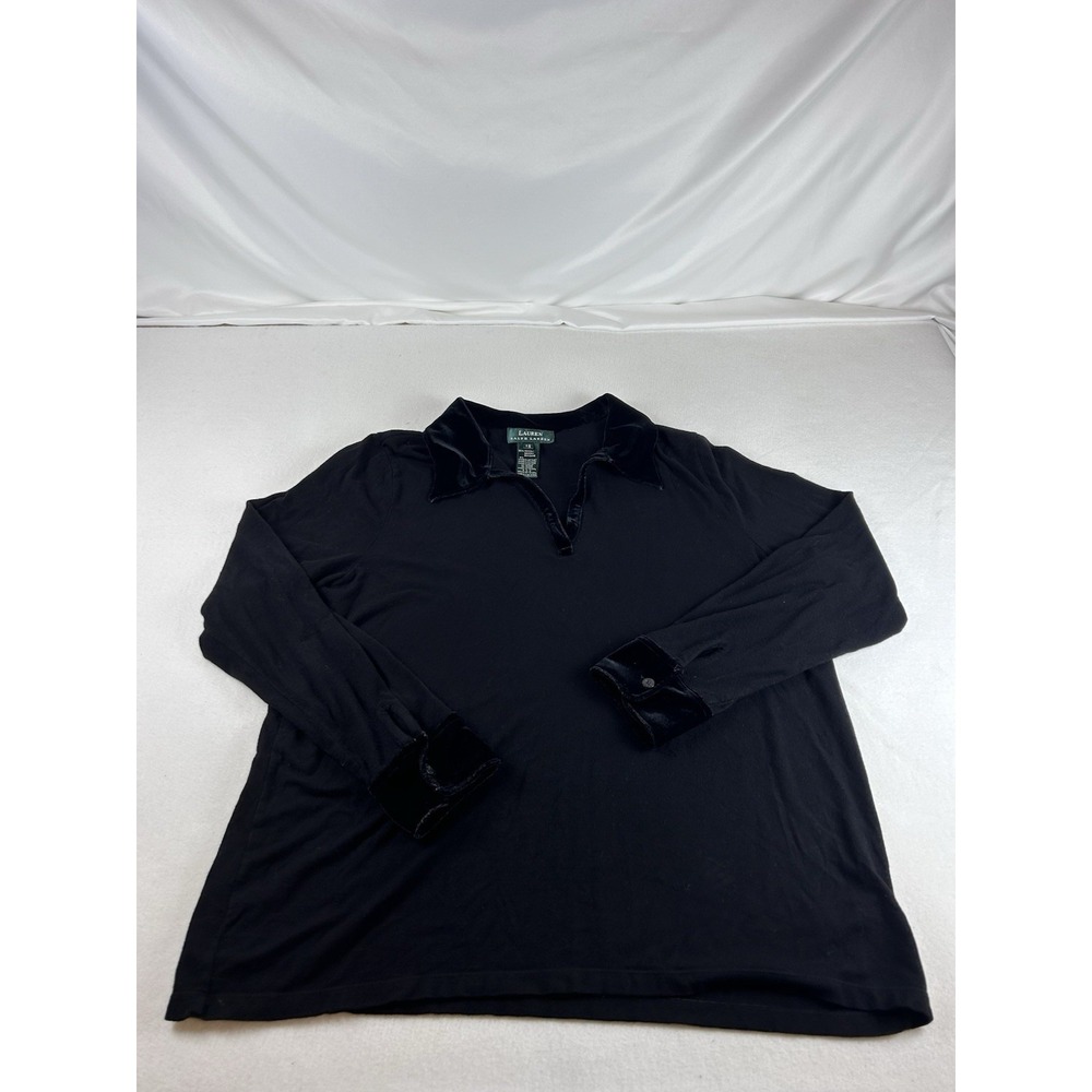 Ralph Lauren LRL Blouse Womens 1X Velvet Trim Stretch Whimsigoth Witchy Black